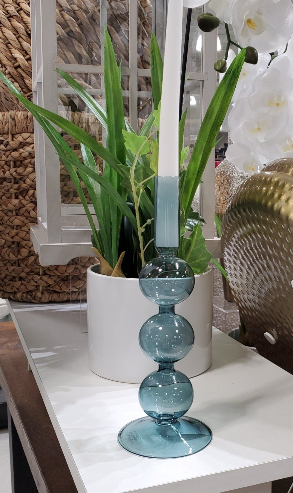 Teal volute candle holder set of 2 size  displayed