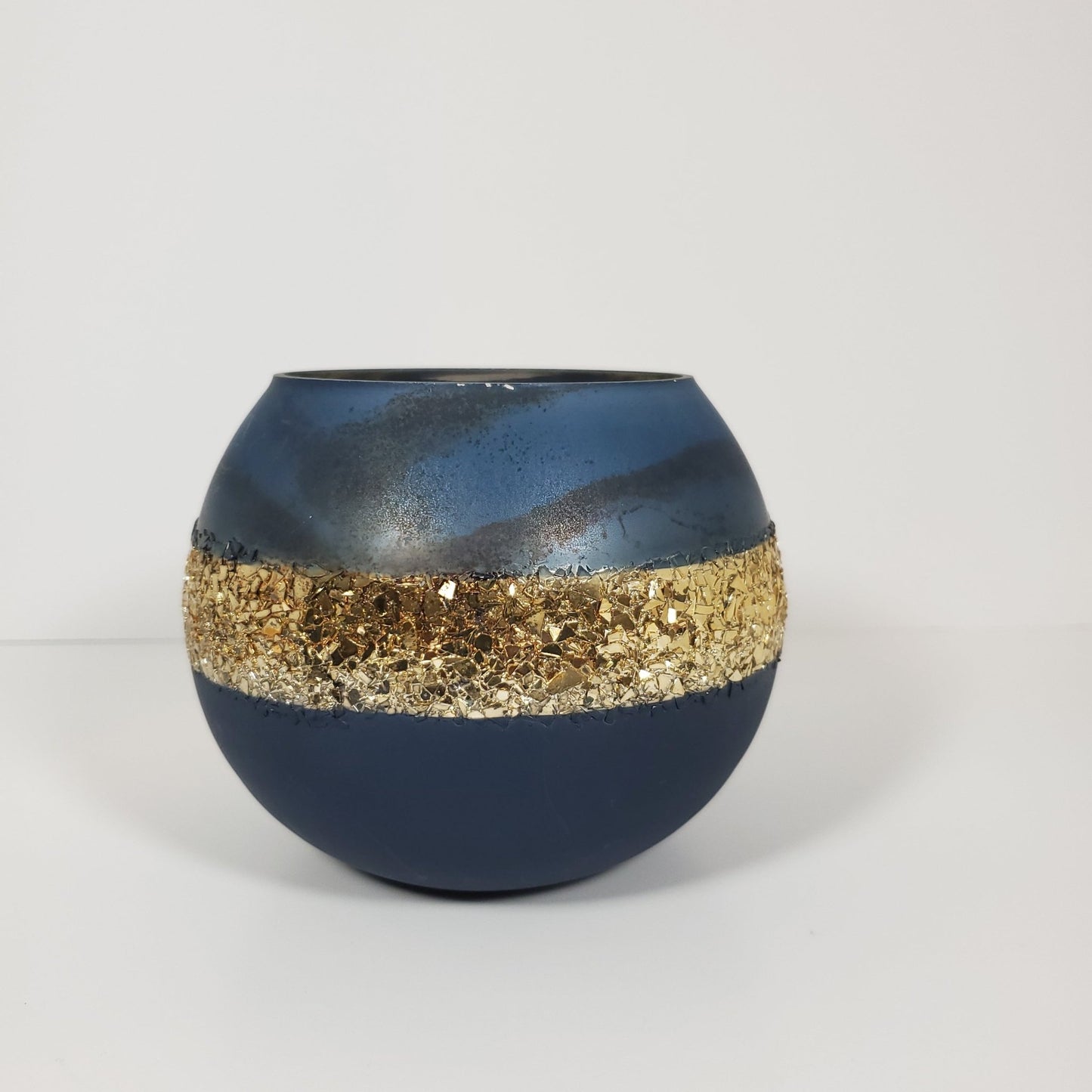 Blue and gold glass candle holder front view